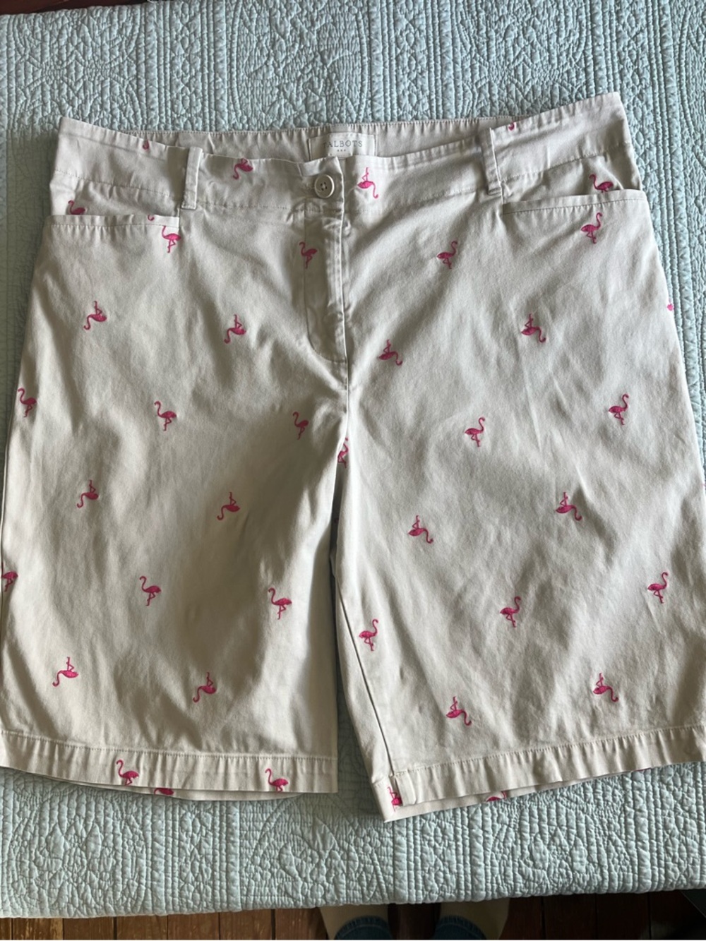 Talbots Beige Preppy Beachy Bermuda Shorts with Pink Flamingo Embroidery